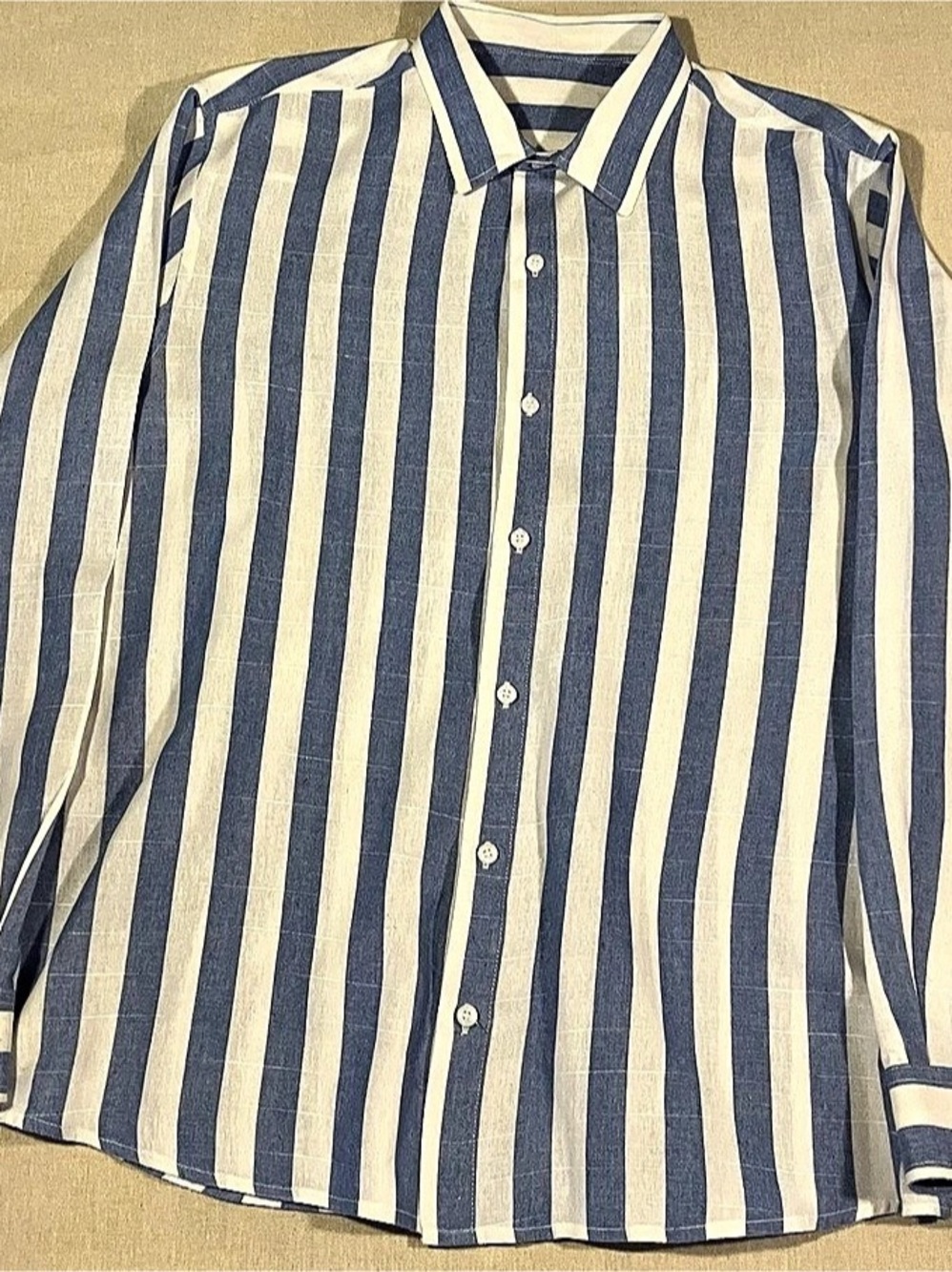 Sky Blue & White Striped Linen Tailored Shirt – Men’s Medium
